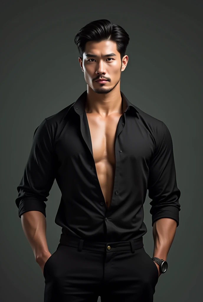 A white handsome man, with toned body, his black shirt is unbuttoned at the top, his sleeves are folded at elbows. His eyebrows are thick, his hair is black as raven, he has a piercing yet hypnotizing look. He gives the vibe of a billionaire man with lust.