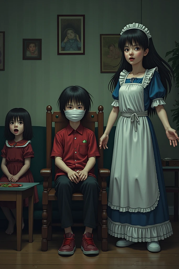 dark scene, long shot, a group of pregnant women sitting in a dirty floor, they are chained to dirty dark walls, dark and gross room, horror scene, darkness, terrific, bloody, dirty, dark mood