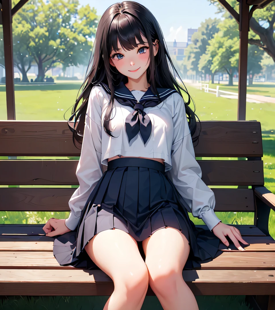 Very cute and beautiful female student,Teen,( high definition beautiful face and eyes ), (smile:1.2), Watch Viewers, black hair ,(  sailor school uniform),( pleated navy blue miniskirt ), Sitting on a wooden bench、Located in an elegant gazebo,garden,squirt,forest,((  She lifts her skirt and shows me her beautiful pussy dripping with love juice、I&#39;I&#39;m tempting you)), ( top quality,  Masterpiece  ), absurd, high definition , Ultra Details , very detailed,32K,8k resolution,  complex details, cinematic scene , detailed background,Alone, dynamic angle ,  hair that flutters like, beautiful detailed sky ,  perfect hands,