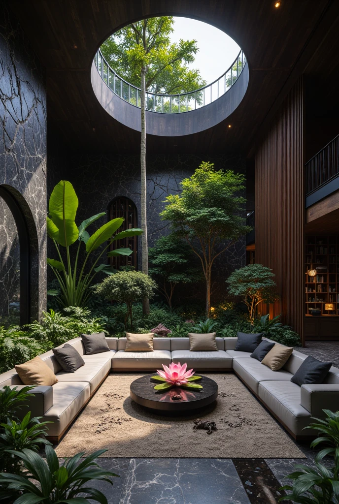 Luxurious futuristic black living room interior，lotus flower，palmeiras，hyeroglyphics，trpical garden，fresh flowers，Rock walls，sand，marbled，minerais preciosos，metals，Pedras preciosas，crystal，clouds and water，alligators，Ultra Luxo，black marble，cinematic ligh，epic，– With beautiful lights，unreal-engine，hqr，16k