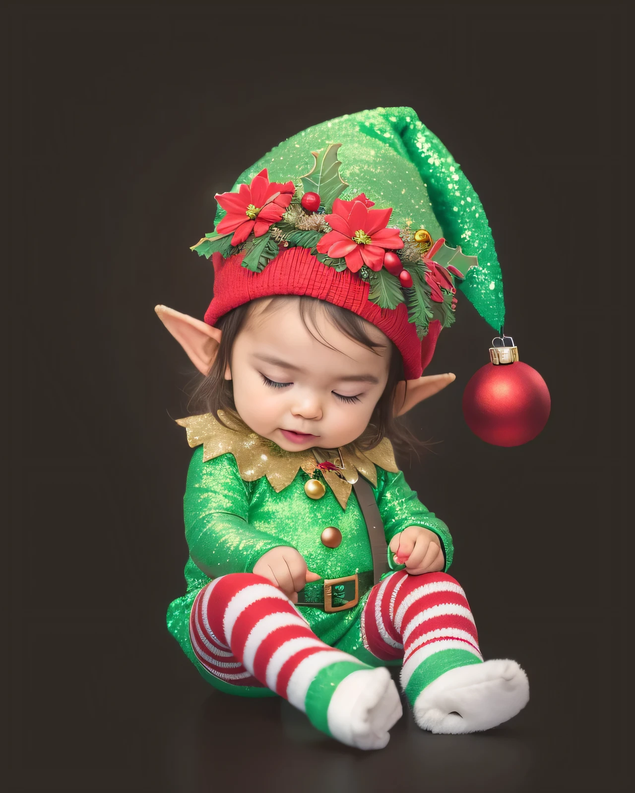 there is a little elf with a christmas ornament on her head, little elf girl, little elf tomboy, elf girl wearing an flower suit, elf girl, adorable digital painting, beeple and jeremiah ketner, an elf, elfpunk, elves, cute digital art, cute detailed digital art, elfin beauty, a portrait of an elf, profile pic,HD, (finest details), (best quality), Merry, Christmas decorations, night, Christmas theme, Christmas gifts, Christmas tree, best quality, high resolution, Christmas decorations, lights, snowflakes, (( (Red Christmas hat))),