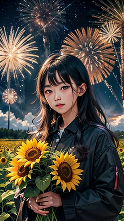 Sunflower field landscape、firework、firework大会、owl， rainbow colors のfireworkが打ちあがっている瞬間、夜nullとともに、、サイバーパンクなひまわり景色で壮大なfirework、future都市、 top quality、  Masterpiece  , (Diffuse reflection of light:1.2), When an amazing rainbow becomes a shadow , Surrounded by a mysterious atmosphere,  Cast Magical Spells .  soft and gentle color palette . A fusion of natural grandeur and magic, Weaving dreams into reality. Behold, null, and、Unknown, Fleeting、and永遠の瞬間, 16k,  super high resolution. realistic ,  super high resolution, Born,future、 The moment the rainbow colors shine brightly 、 rainbow colors 、 The World After 30 Years 。