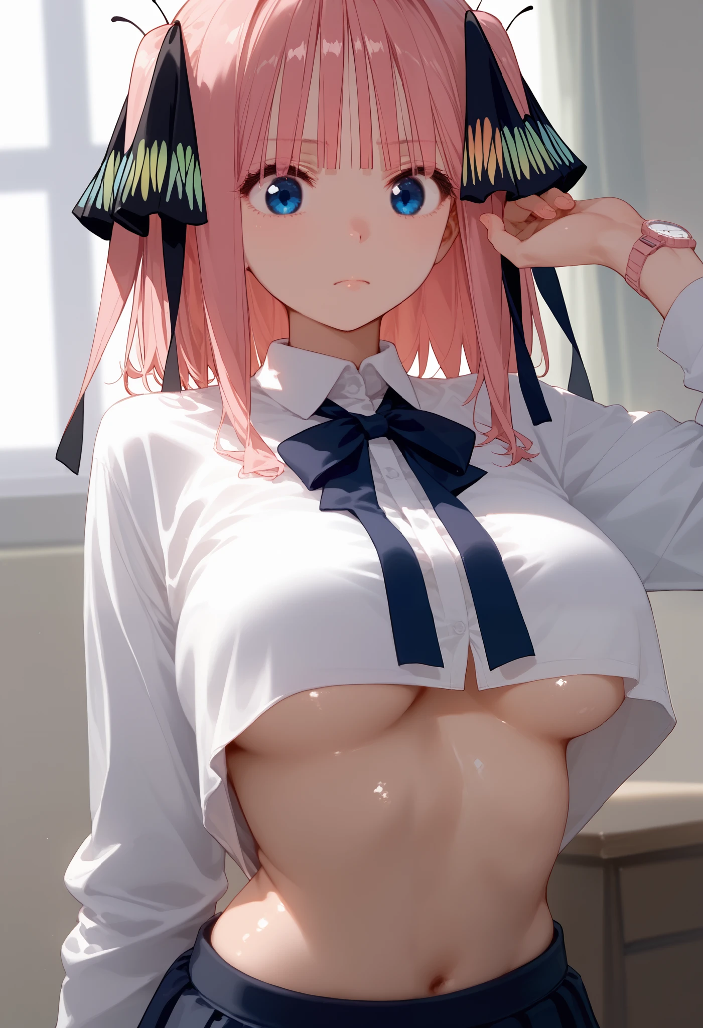 shiny skin,  1 girl ,  Nino Nakano, butterfly  hair ornament ,  skirt, bangs,  hair ornament ,  blue eyes, , chest,  shirt, large chest, Alone,  Watch Viewers, ribbon, Pink Hair, white  shirt, black ribbon, hair ribbon,  closed mouth ,  Long Sleeve , blunt bangs,  shorthair, clavicle,両手で shirtを上まで捲り上げている, Underboob