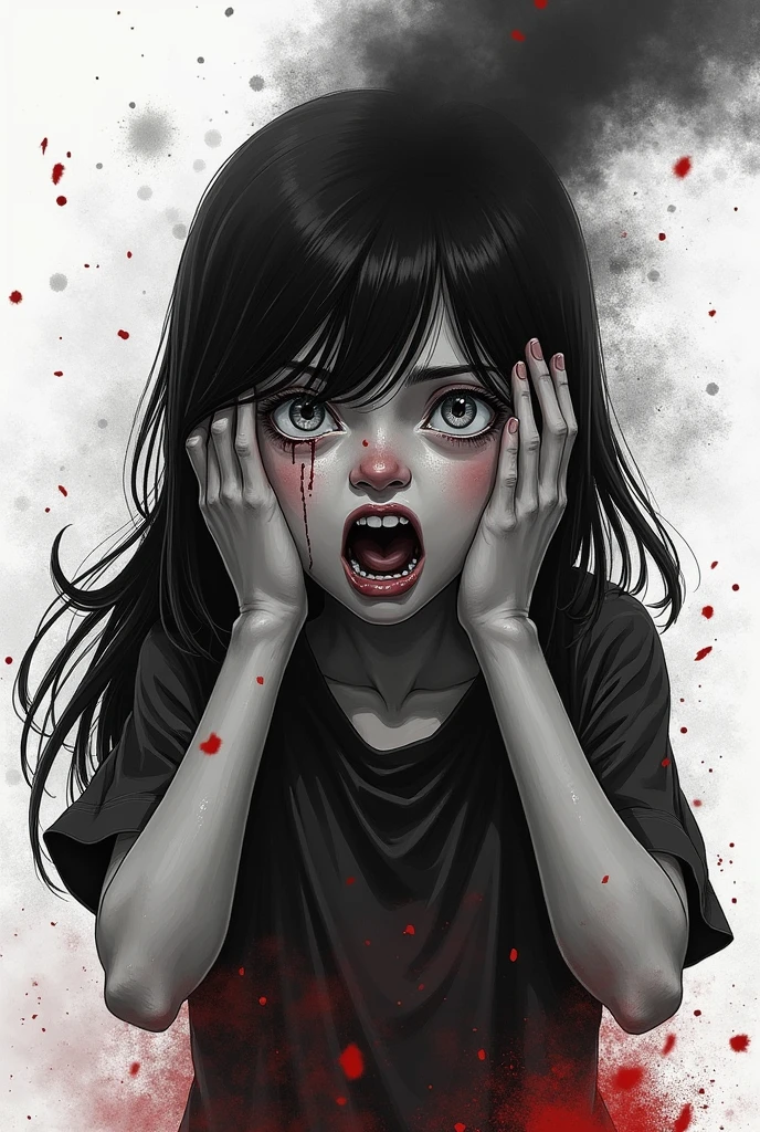 a cover that says " Badge Thieves " in Spanish, full of falling ash and fire . An girl , very long black hair, grey eyes, covering his ears with his hands, yelling. His nose is bleeding . black and white paint brushstrokes , fondo blanco, Full image . realistic.