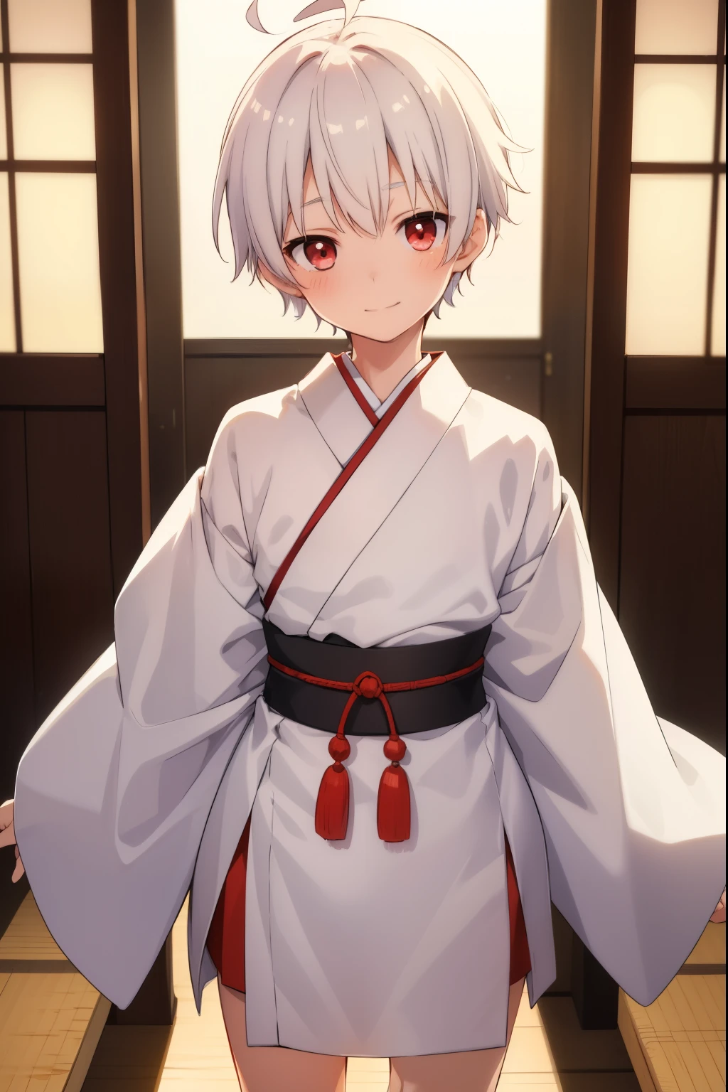 (( one boy)),Ahoge, White short hair,  red eyes, white miniskirt kimono ,smile, Blushing cheeks, ((Japanese Style Town),Put your arms behind your back, staring at viewers standing on their feet ,