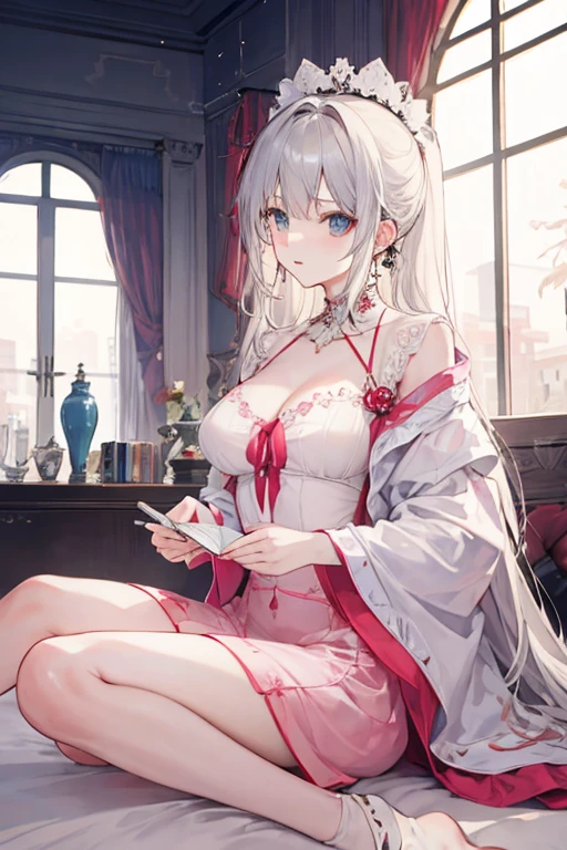 ((top-quality、8K、Manhwa Style:1.4、tmasterpiece，nedium breasts，onbed，Pubic hair shows through，full bodyesbian，Red-faced，is shy，unwear，white stockings，long whitr hair，long leges，inns，，Upper body))、back Lighting、Beautiful Japanese woman、18yr old、with short white hair、Ultra-delicate skin、Beautiful production，Soft lighting