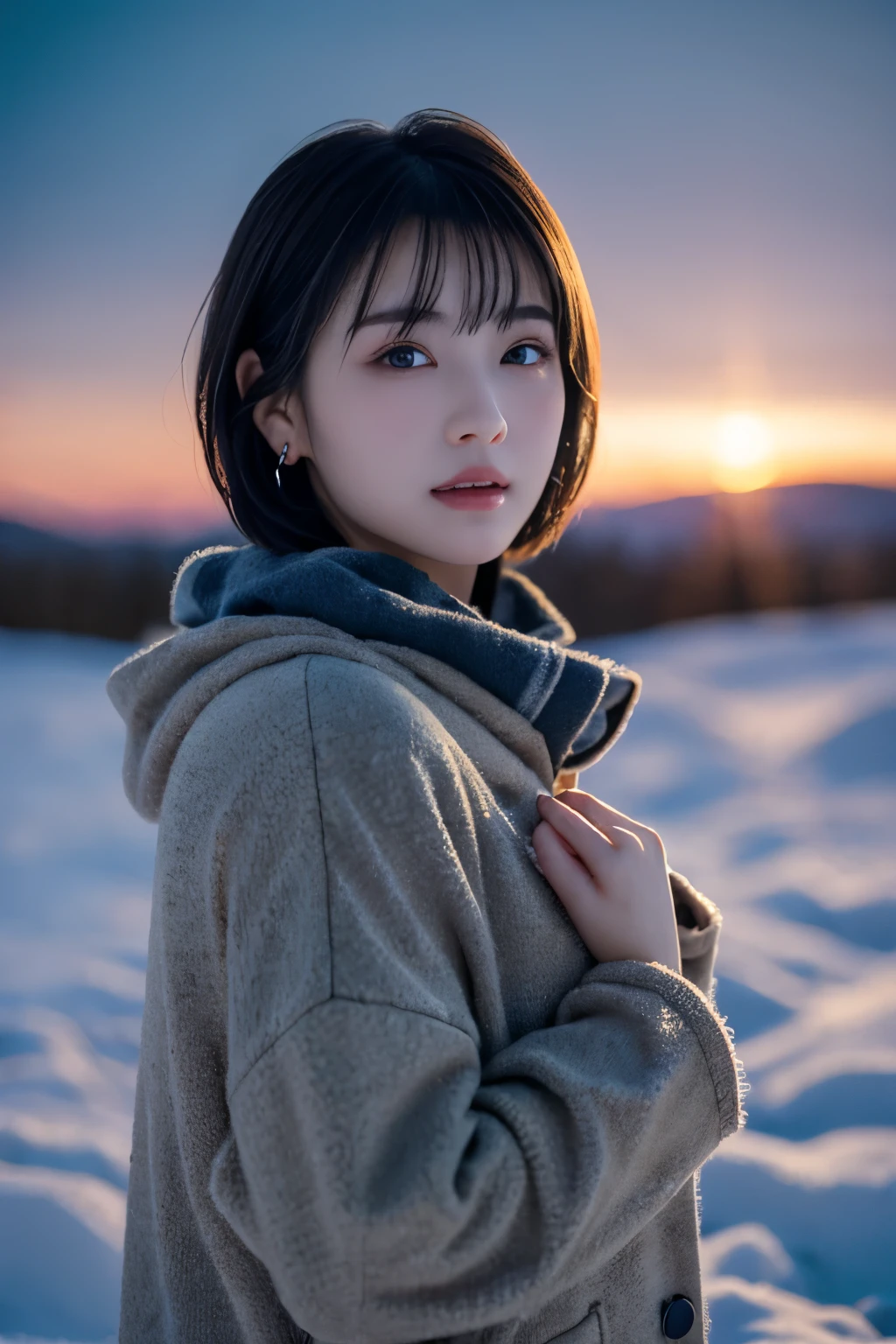 (Super close-up portrait from the back of one slender girl is、Has short hair with dull bangs and a gray scarf white coat in winter uniform:1.5)、(One girl、I let my hair flutter in the wind、I turned around with a sad expression. :1.3)、(Beautiful snowy sunset red sky:1.5)、(Perfect Anatomy:1.3)、(No mask:1.3)、(complete fingers:1.3)、Photorealistic、Photography、masutepiece、top-quality、High resolution, delicate and pretty、face perfect、Beautiful detailed eyes、Fair skin、Real Human Skin、pores、((thin legs))、(Dark hair)