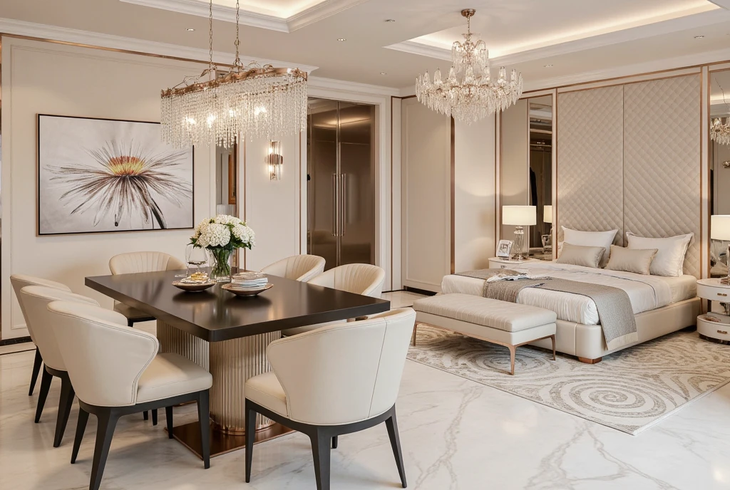 These images showcase elegant and luxurious interior spaces, likely within a high-end residence.  The first two images depict a dining area with a sleek, black dining table and cream-colored upholstered chairs. A striking chandelier with cascading crystal or glass elements hangs above the table, adding a touch of glamour.  The flooring is a polished marble with prominent veining, and the walls feature decorative molding and paneling.  A glimpse into an adjacent living area suggests a consistent level of luxury and sophistication throughout the home.

The remaining two images showcase a bedroom with a serene and opulent atmosphere.  A large, upholstered bed in a soft cream color dominates the space, accompanied by a matching bench at the foot of the bed.  The headboard wall features a textured, geometric pattern, adding visual interest.  Mirrored closet doors and wall panels create a sense of spaciousness and reflect light.  Matching nightstands and lamps flank the bed, and a stylish chandelier hangs above.  A patterned rug adds warmth and defines the sleeping area.  The overall color palette is soft and calming, with creams, whites, and light wood tones creating a luxurious and inviting ambiance. The "Delux Home" branding suggests a focus on high-end interior design. Overall Quality: Photorealistic: The gold standard, aiming for indistinguishable from a photograph. Realistic: Achieves a believable representation of the architecture, even if not perfectly photorealistic. High-fidelity: Detailed and accurate, capturing the nuances of the design. Low-fidelity: Simpler, perhaps conceptual, with less detail. Stylized: Deliberately deviates from realism for artistic effect. Abstract: Focuses on conveying the essence of the design rather than a literal representation. High-resolution: Large image dimensions, allowing for detailed viewing and print