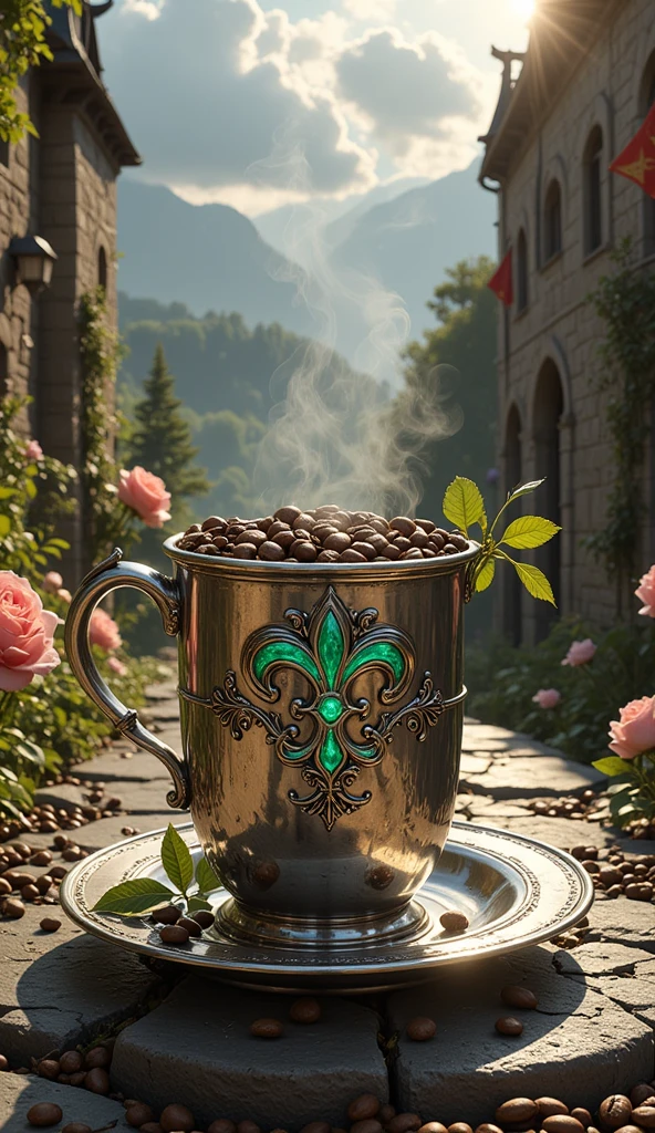 Realistic illustration for advertising , 1 cup of hot Americano coffee ,  Very small and very short and very low coffee mug made of polished sterling silver., The coffee mug is light silver ,  in the center of a coffee mug engraved with a three-dimensional Fleur-De-Lis pattern with emerald decoration. Fluorescent green ,  area around the Fleur-De-Lis motif is a medieval Gothic art motif adorned with glowing emeralds ,  There is coffee smoke billowing out of the coffee mug elegantly but still looking natural. ,  The view of the image clearly shows the hot Americano coffee water inside the coffee cup , The coffee cup holder ear is on the right hand ,  The coffee mug is placed on a coffee coaster made of polished real silver ,  the coffee saucer is bright silver ,  coffee coasters engraved with medieval Gothic art motifs , . The area around the coffee cup contains complete coffee beans of the same size, placed together naturally inside the coffee saucer.,  features a small ivy branch lying on a natural coffee saucer. ,  The area around the coffee saucer contains complete coffee beans of the same size in large numbers, placed together naturally on the road floor.,  Coffee cups and coffee coasters perched on paved roads. A medieval pebble stone in the bottom center position of the image ,  The medieval gravel-paved road is a path connected from the central position of the , The background is Hohenzollern Castle, located on a low mountain ,  The left and right sides have trees and roses and lilies and brightly colored lavender flowers that It clearly represents the Middle Ages., . On the left and right there are pieces of tunnels that represent the Middle Ages. Clearly, ,  the left and right sides have long flags, red-gold triangular ends that present the family crest banner through the Fleur-De-Lis motif. Hanging directly in the tunnel. ,  Details of the architecture behind can be seen in detail and clearly through the view seen from the front. , In the sky, clouds and large midday devotional eyes transmit bright light. , The light from the midday sun splashes light on all corners of the image. , . The overall atmosphere of the picture is bright noon 