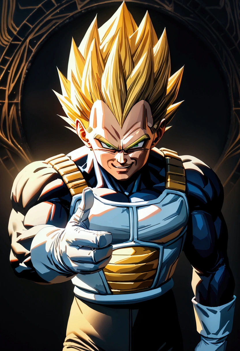 solo, 1boy\(Vegeta\(dragonball\),smirk, (evil smile:1.3), thumbs up, super saiyan,cowboy shot,(golden hair:1.4),(green eyes:1.4)with his typical hair,spiky hair,(golden eyebrow：1.3）,from front, simple pose,villain,evil,White Gloves\).simple black background.. BREAK .quality\(8k,wallpaper of extremely detailed CG unit, high resolution, top-quality, top-quality real texture skin, hyper realistic, increase the resolution, RAW photos, best quality, highly detailed, the wallpaper, golden ratio, high saturation realism, vibrant colors, dramatic lighting, persuasive storytelling, atmospheric scenery, captivating visuals, intricate details, strong emotions, dreamlike world\).great focus, screen shot of dragonball, realistic,(long shot:1.2)