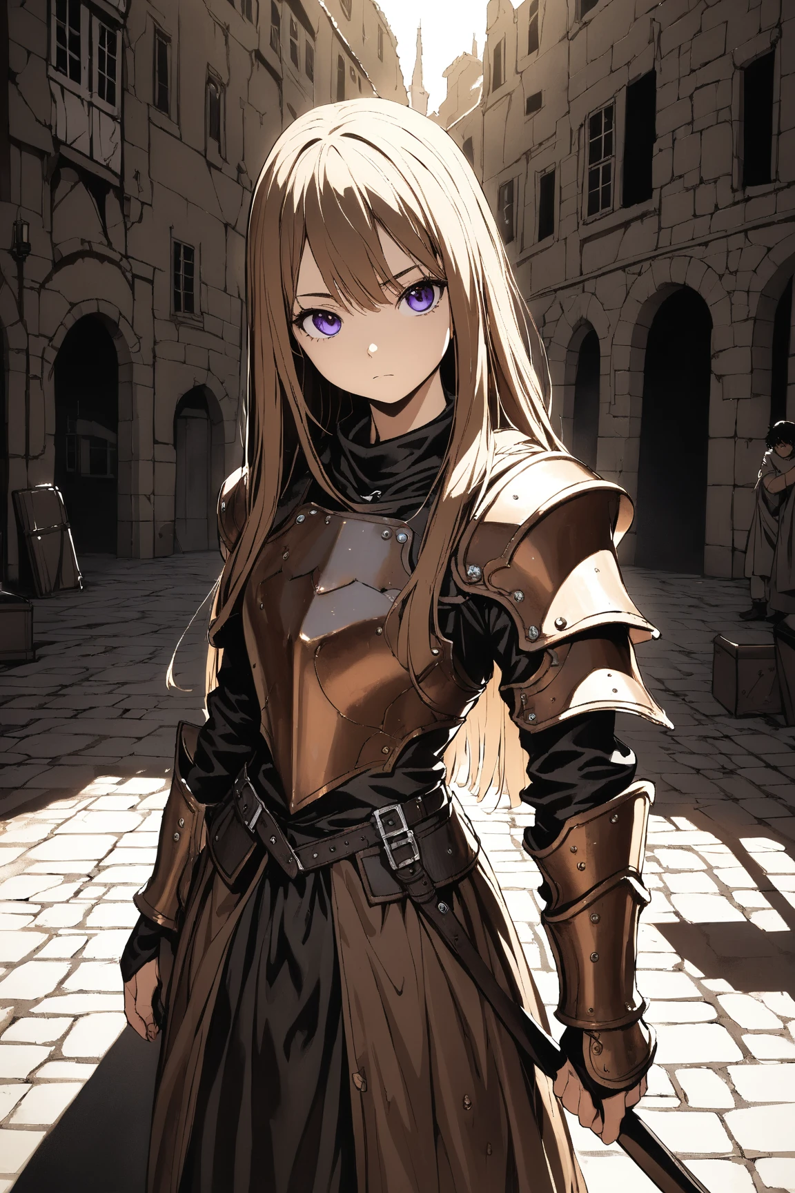 1 girl, (charming face), 18 years old, (long straight hair), (serious gaze), small breasts, petite frame, (wearing leather armor), (dark brown), thigh high, (battle scars), BREAK  
Medieval town square, (standing ready for battle:1.2), (shield raised:1.2), bustling market scene, BREAK  
(dramatic shadows, warm light, high contrast), gritty realism, fantasy art style, game cg, BREAK  
absurdres, highres, ultra detailed, beautiful, masterpiece, best quality,
