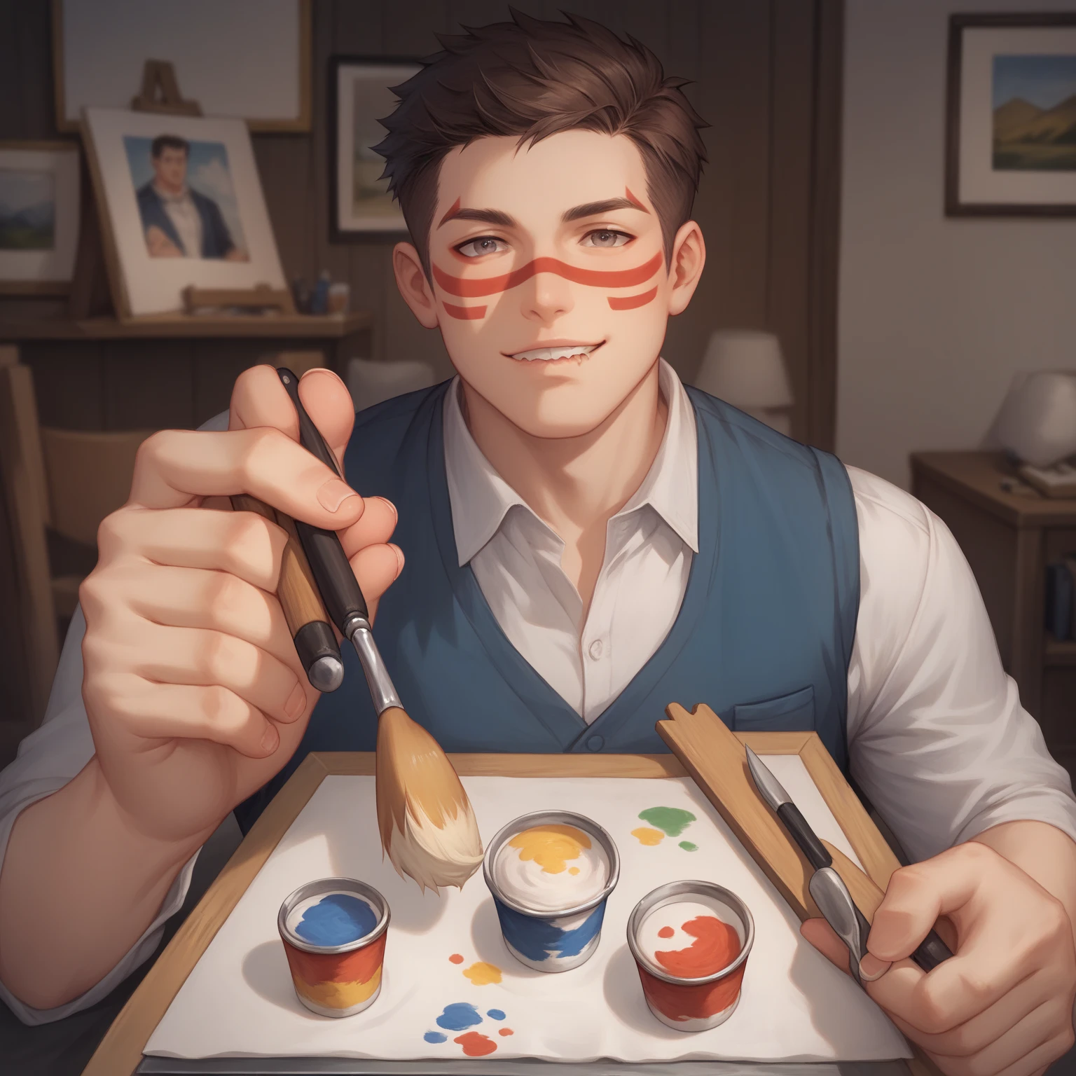 The image should be drawn in a POV style. Fable is facing the viewer, holding a small paint brush on his right hand. In his left hand he holds a small, hand held, 
face paint kit. Fable has a furrowed brow and is biting his lower lip as he looks at the viewer, as if he's concentrating on his work.
Male character, pov, holding a paint brush, painting the screen, holding a paint tray, aSMr, human character, man painting the camera, anime