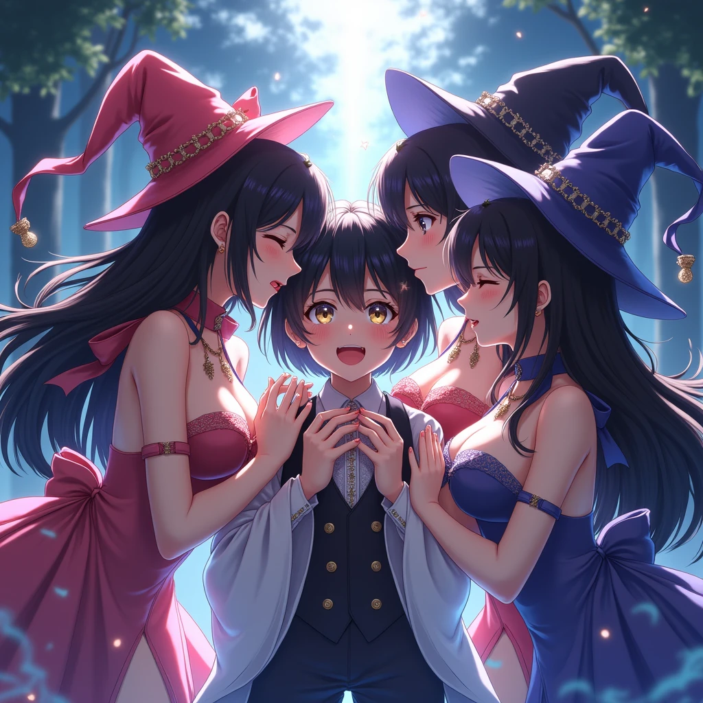ahri, league of legends, black hair, risque pose, digital illustration, vibrant colors, soft lighting, glowing effects, perfect face, glowing effects, absurdres, ultrasharp, 8K, long hair, witch, witch hat, witch broom, cat, magic powers
