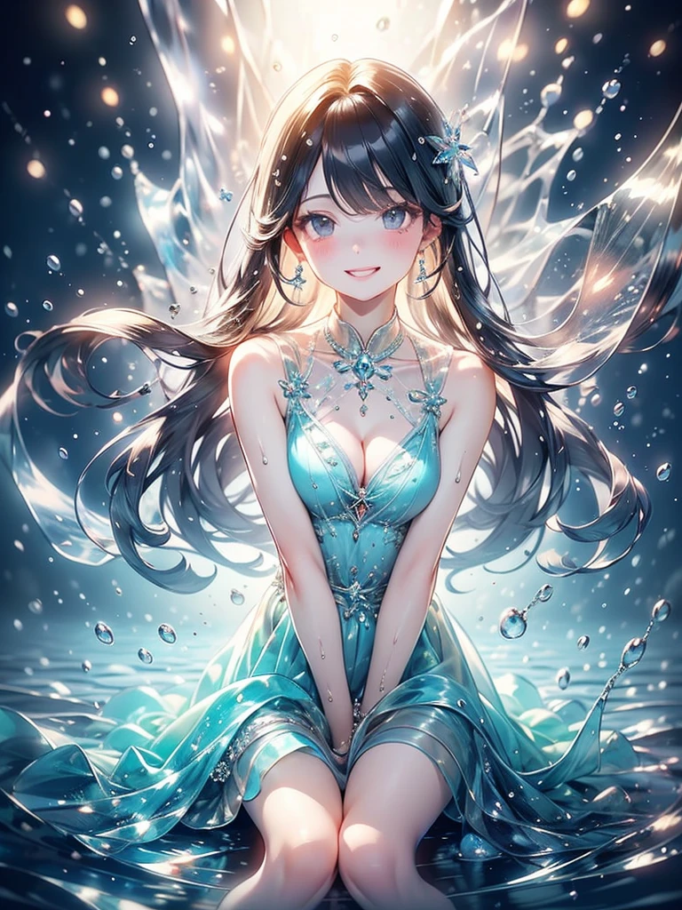 (Fluid Art),( Masterpiece ),(8k anime), High Quality ,(  perfect anatomy ),( small breasts),( one beautiful girl ),owl，(Alone),Long silver hair, pale skin,smile, Beautiful Detailed Blue Eyes , ( very detailed and elegant in the gardens of the Royal Castle),( sheer sheer dress),((Transparent dress)),(( transparent skirt )),( Wet Dress ),  Magical Colors and Vibes ,  detailed skin,(Cute sparkle), Particles of light,背景teeth柔らかくぼやけている, adds a dramatic and iconic element to the scene,  Border Depth , Bokeh, Silky to the touch ,  Hyper Details,A girl is sitting on the water,Beautiful blue water, teeth、 exudes a dreamy and elegant atmosphere, movie lighting, cowboy shot