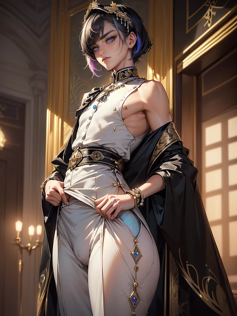 (Best Quality,4k,8k,highres,巨作:1.2),A highly detailed,(Realistic,Realistic Photos,Realistic Photos:1.37),portrait,anime,Phantomhive Sky,boy,,,dark hair,Intense look,pale skin,Royal Uniform,Classic Victorian style,Stylish clothes,Precision stitching,Feather has,Golden accents,deep blue eyes,Purple eye patch,Detailed lashes,exquisite facial features,serious expression,Confident position,Stand in majestic, Sit in a beautiful office with a window behind it overlooking the garden,Dramatic shades,Invisible lens glow,vibrant colours,Rich color scheme,Royal Purple,Royal Blue,Delicate pastel tones,Gentle sunlight flows through the leaves. Ten year old boyish clothes with short hair without clothes short shorts topless completely naked