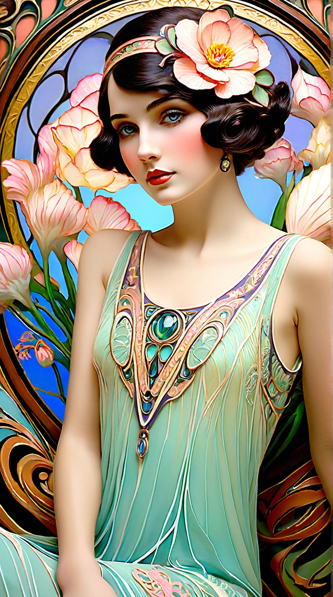  Create a dreamy, highly detailed portrait of a 1920s girl set in a Jugendstil scene, inspired by the artistic style of Leon Bakst. The girl should have flowing hair adorned with flowers and wear an elegant, intricately designed dress typical of the 1920s era. The background should feature stylized floral patterns in soft pastel hues, evoking an ethereal atmosphere. Capture the essence of the Art Nouveau movement, blending beauty and whimsy in the composition