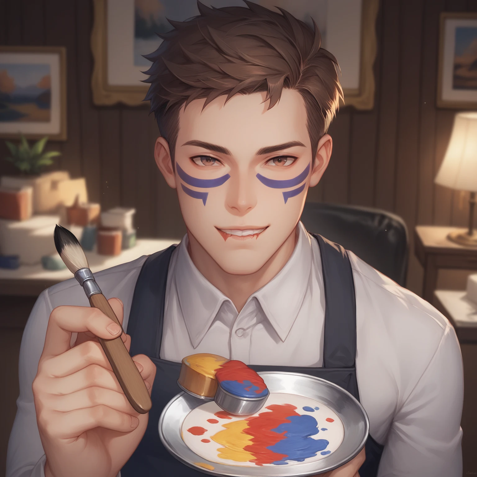 The image should be drawn in a POV style. Fable is facing the viewer, holding a small paint brush on his right hand. In his left hand he holds a small, hand held, 
face paint kit. Fable has a furrowed brow and is biting his lower lip as he looks at the viewer, as if he's concentrating on his work.
Male character, pov, holding a paint brush, painting the screen, holding a paint tray, aSMr, human character, man painting the camera, anime