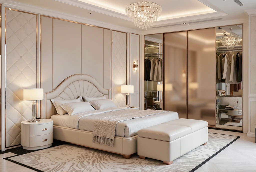 These images showcase a luxurious and elegant bedroom design. The centerpiece is a large, upholstered bed in a soft, creamy beige, complemented by a matching bench at the foot.  The headboard wall features a unique geometric pattern created with padded fabric panels, adding texture and visual interest.

Mirrored panels on the walls and closet doors amplify the sense of space and light, reflecting the elegant chandelier that hangs above the bed.  Matching nightstands with stylish lamps and decorative objects flank the bed, adding symmetry and sophistication.  A geometrically patterned rug in black and white defines the sleeping area and provides a subtle contrast to the softer tones of the room.

The color palette is predominantly neutral, with creams, whites, and beiges creating a calming and luxurious atmosphere.  Subtle gold accents in the lamps and other decorative elements add a touch of glamour.  The "Delux Home" branding reinforces the impression of high-end design. The overall effect is one of refined elegance, creating a serene and inviting space for rest and relaxation.Enhance the quality of rendered images! Here are some key suggestions: 1. **Resolution**: Increase the resolution for sharper and more detailed visuals. 2. **Lighting**: Experiment with different light sources and angles to achieve realistic effects. 3. **Materials and Textures**: Use high-quality textures and pay attention to details like reflections. 4. **Post-Processing**: Adjust contrast, brightness, and color balance after rendering to elevate the images. 5. **Render Settings**: Optimize settings like anti-aliasing and global illumination to enhance quality without extending rendering time. Implement these tips to create stunning visualizations!