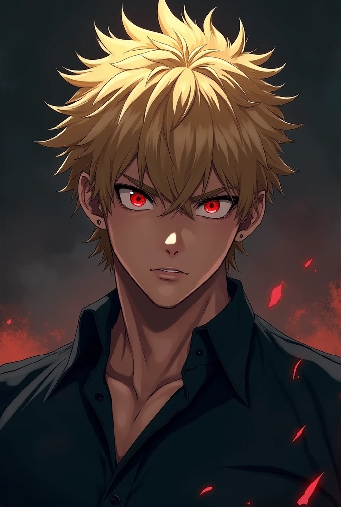 teen male,Blonde hair, messy spikey hair, white haori over shirt, red sky background, yellow eyes Chained