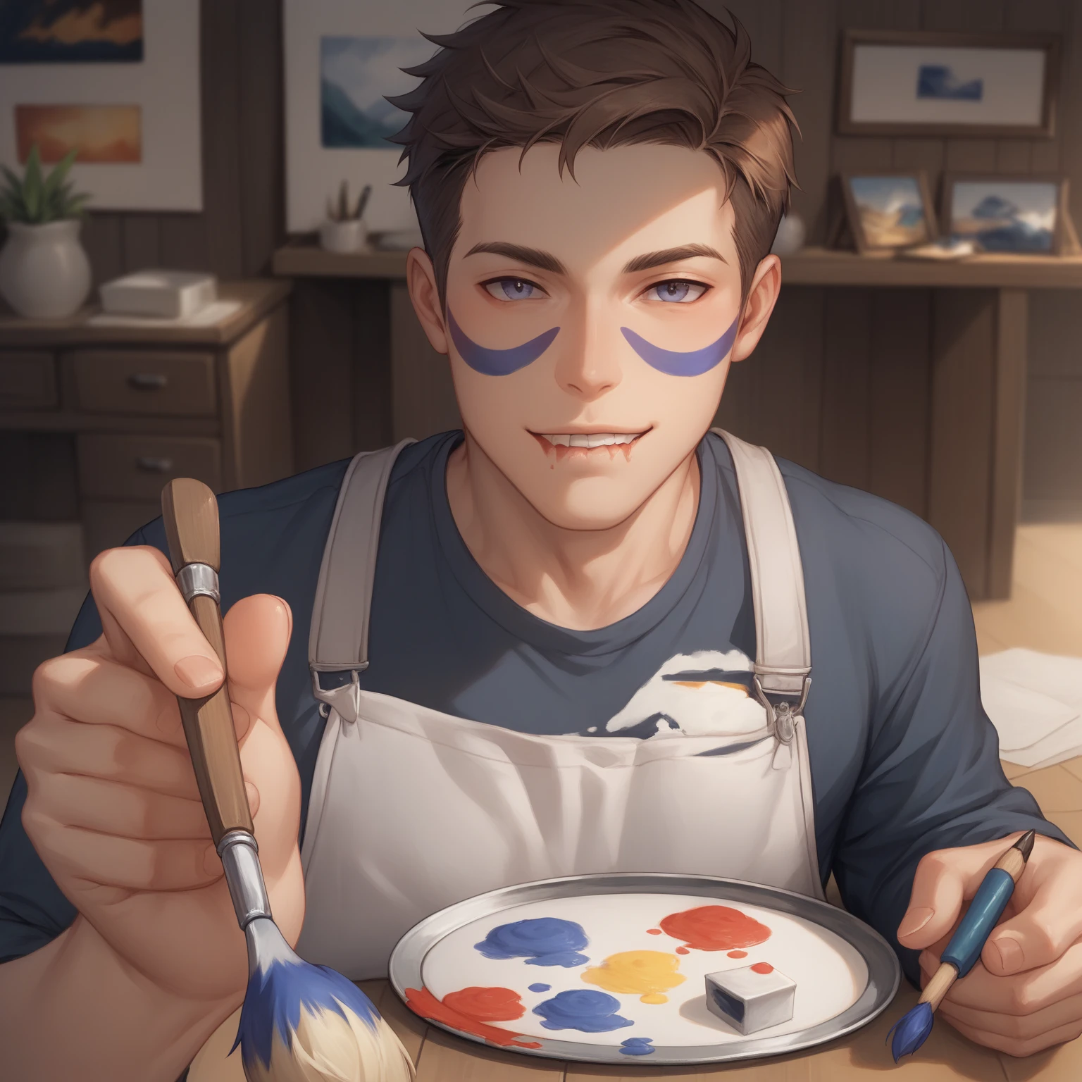 The image should be drawn in a POV style. Fable is facing the viewer, holding a small paint brush on his right hand. In his left hand he holds a small, hand held, 
face paint kit. Fable has a furrowed brow and is biting his lower lip as he looks at the viewer, as if he's concentrating on his work.
Male character, pov, holding a paint brush, painting the screen, holding a paint tray, aSMr, human character, man painting the camera, anime