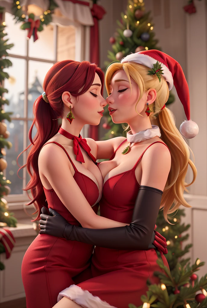 2 heads, a short thin woman with 2 heads. In a cozy living room during the winter. Extremely huge breasts. Massive round fake boobs. Wearing a slutty Santa outfit. Wearing Santa hat. Young. Happy. Thin face. Long messy orange hair. Sexy. Smiling. Thick eyeliner. Seductive. Huge erect hard nipples under shirt. Giant nipples. Ginger. Freckles all over body. Girlfriend. Enormous breasts. Massive round fake tits. Huge perky lips. Puckered lips. Blushing. Aroused. Close up. Blushing. In love.