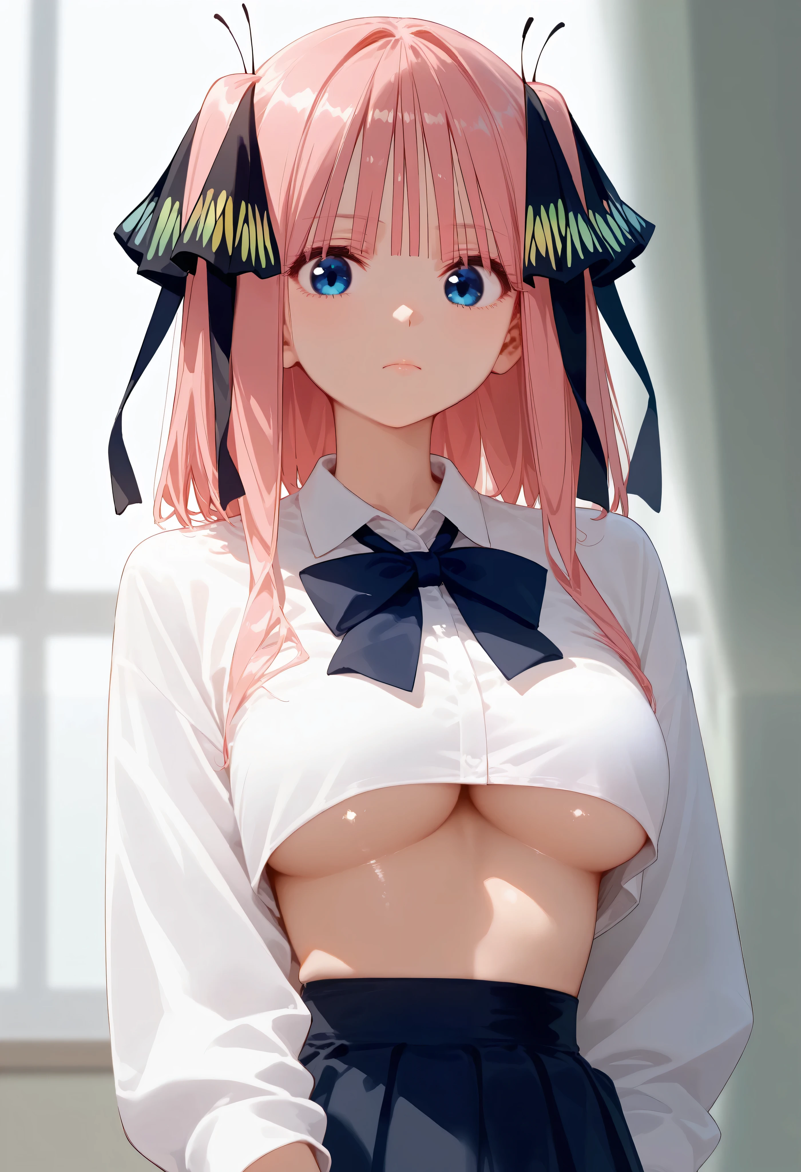 shiny skin,  1 girl ,   Nino Nakano , butterfly  hair ornament ,  skirt, bangs,  hair ornament ,  blue eyes, , chest,  shirt, large chest, alone,  Watch Viewers, ribbon, Pink Hair, white  shirt, black ribbon, hair ribbon,  closed mouth ,  Long Sleeve , blunt bangs,  shorthair,  clavicle ,The shirt is rolled up to the top with both hands, underboob