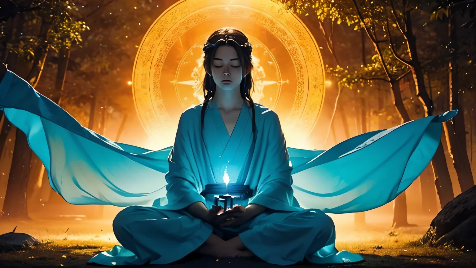 "Create a serene and inspiring digital illustration of a wise sage character. The figure should have a calm and thoughtful expression, seated in a meditative pose or standing amidst nature. Surround them with subtle glowing light, symbolizing wisdom and enlightenment. Incorporate a background of a sunrise over mountains or a peaceful forest, with soft, warm colors like gold, orange, and blue. The sage should wear simple, flowing robes, with an aura of timelessness. Add small details like a staff, an open book, or subtle energy orbs to represent knowledge and inspiration."