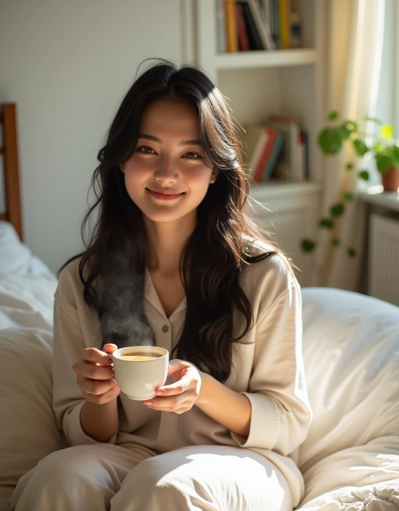 Brasileira, 20 anos, woman drinking coffee, pijama, morning coffee, morning, acordar, rosto matinal, sonolento, sorriso
