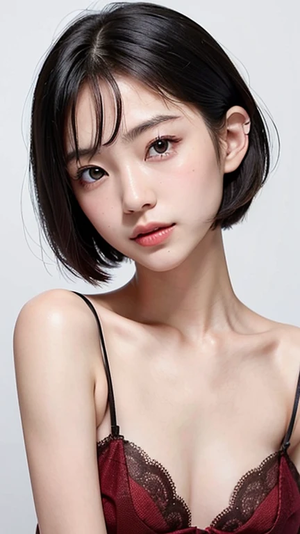 (Highest quality、Tabletop、8K、Best image quality、Award-winning works)、One Woman、(Face close-up:1.2)、nude、(Pure white background:1.3)、Black Hair、(Closed lips:1.1)