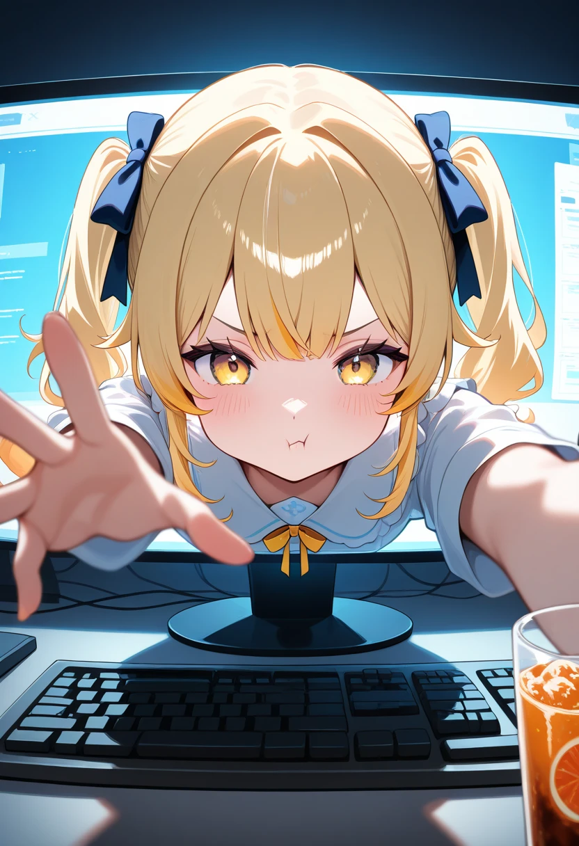 1girl,solo, crawling, through screen, pout,yellow eyes, cute , twintails,virtual YouTuber,,through medium, monitor, reaching out, keyboard, drink, donuts 