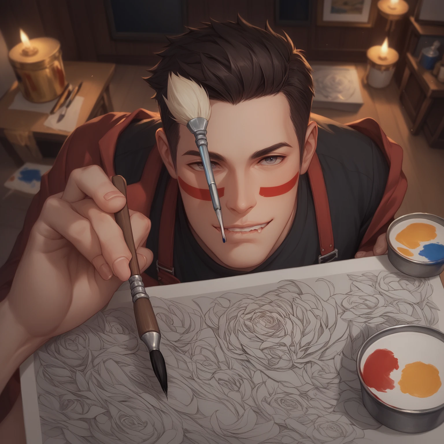 The image should be drawn in a POV style. Fable is facing the viewer, holding a small paint brush on his right hand. In his left hand he holds a small, hand held, 
face paint kit. Fable has a furrowed brow and is biting his lower lip as he looks at the viewer, as if he's concentrating on his work.
Male character, pov, holding a paint brush, painting the screen, holding a paint tray, aSMr, human character, man painting the camera, anime