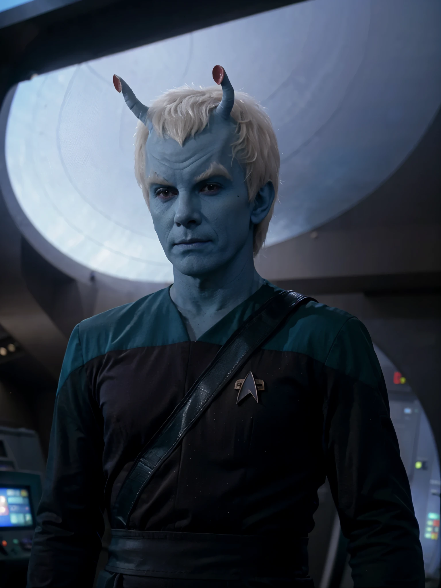 A young male Androrian from Star Trek, blue skin, short hair,  white hair, messy hair, wearing a loose fitting teal Starfleet science division uniform. He looks very sick and skinny. He looks like he hasn't slept in days. He has a defiant but smug facial expression. His face is that of the actor  "Hugh Laurie".  image is clear, crisp and bright.