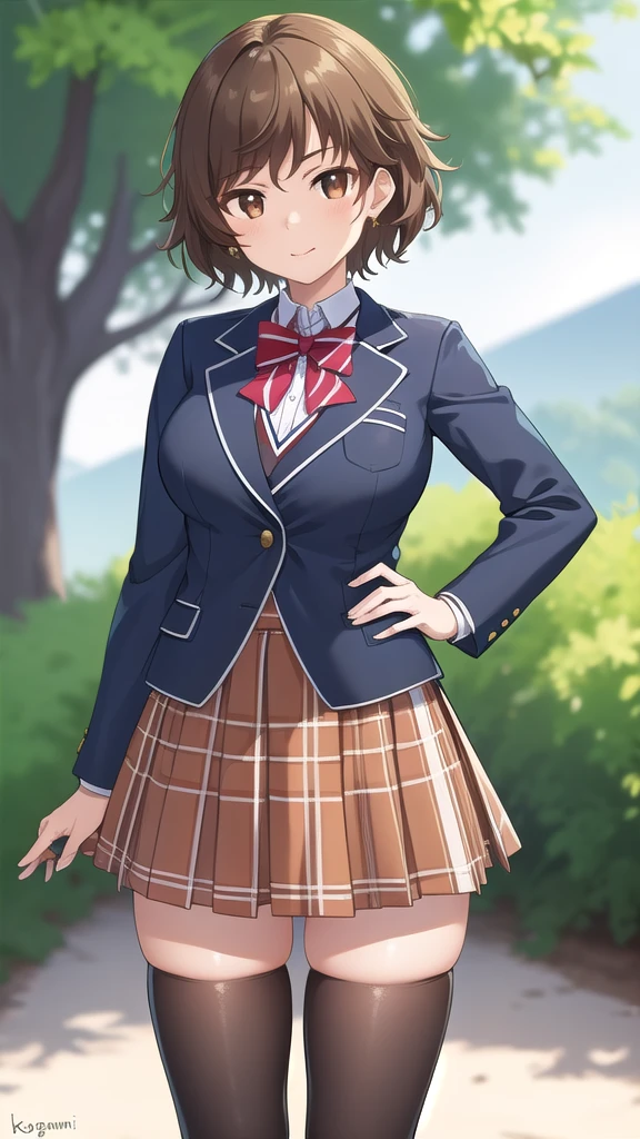 masterpiece, best quality, high quality, girl, solo, looking at viewer, kogure_kawanami, brown hair, brown eyes, large breasts, red bow, striped bow, blazer, blue jacket, long sleeves, plaid skirt, Brown skirt, black thighhighs, outdoors, cowboy shot, standing, looking at viewer,