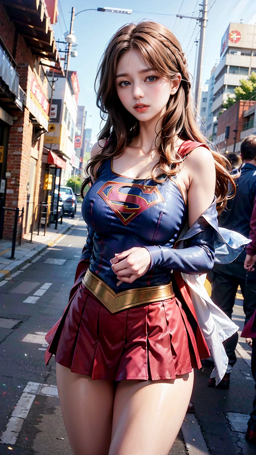   1 girl，big tit female body set ，  Supergirl Costume Dress，skirt、ミニskirt、Cutting clothes，close，  Off Shoulder Outfit，Charming，  perfect body，street，belly button，Abdominal vest line，Brown Hair、Long Hair、Long Hair、  Sexy Poses