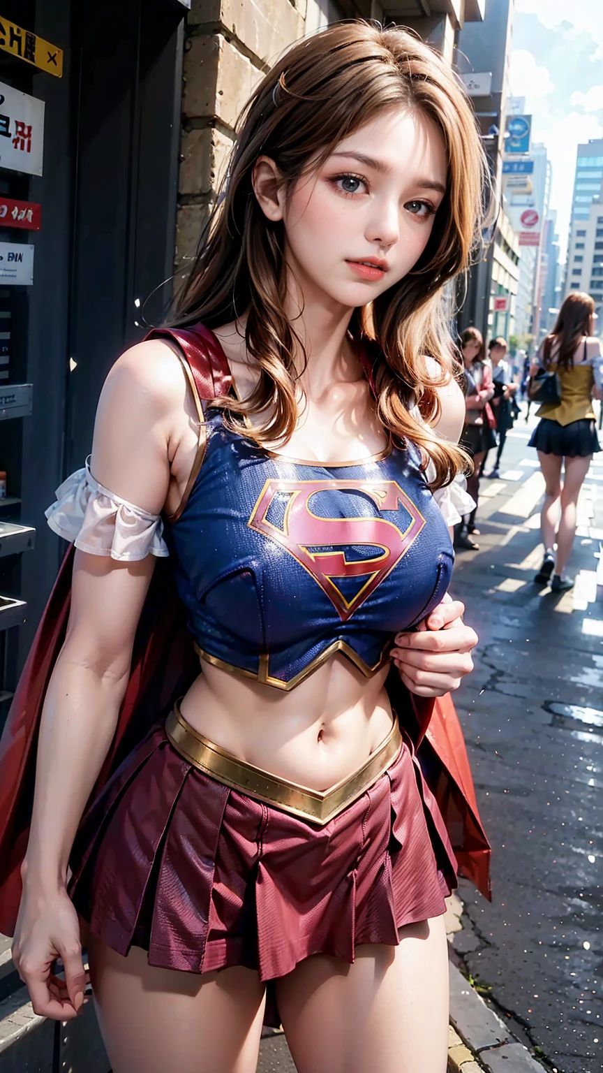   1 girl，big tit female body set ，  Supergirl Costume Dress，skirt、ミニskirt、Cutting clothes，close，  Off Shoulder Outfit，Charming，  perfect body，street，belly button，Abdominal vest line，Brown Hair、Long Hair、Long Hair、  Sexy Poses