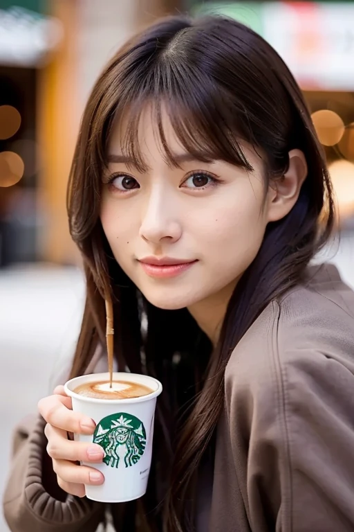 (masterpiece, best quality, perfect anatomy,  highres icon, 8k, realistic, photorealistic, natural skin texture, no makeup:1.2), ( drinking cafe latte in a winter Starbucks store), ((A freshly drunk cafe latte is placed on the table )), Her age is 20, ( Very Cute ), ( very big breasts and perfect style ), (I'm wearing winter monotone clothes),  flared miniskirt, looking at viewer, front shot, sunlight, erogao , jp idol, tanukigao, (long shot:1.5)