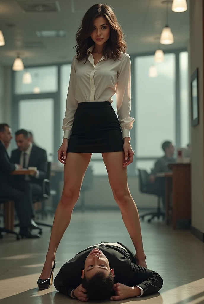 Executive woman dressed in a business suit with a miniskirt jacket and high-heeled sandals standing with her legs wide open and with an old man lying on the floor face up between her legs and looking under her skirt