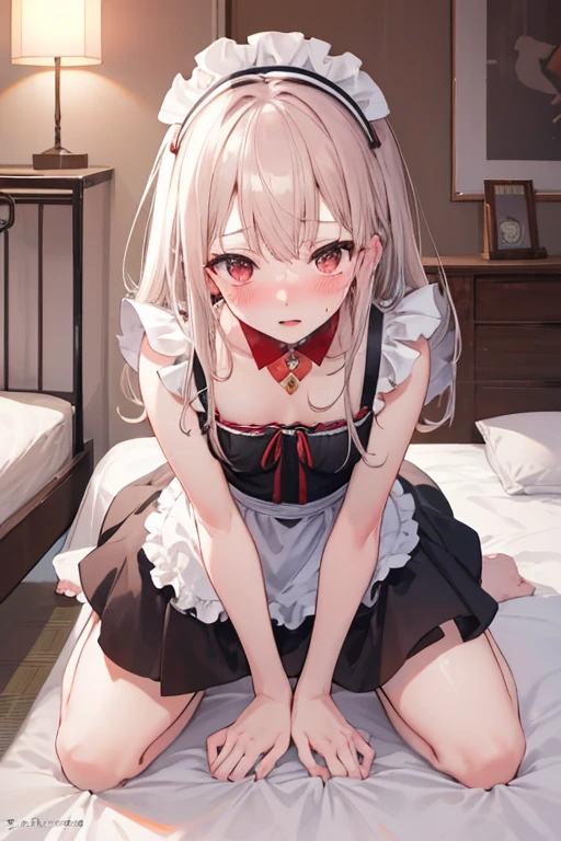 perfect anatomy, masterpiece, best quality, extremely detailed, maid,high resolution, RAW photo, 8k, nsfw, 1Japanese girl, slave red collar, very cute face, 29yo, flatter, (blush:1.3), complete nude, kneeling, living, full body, at morning,on the bed in the bedroom,