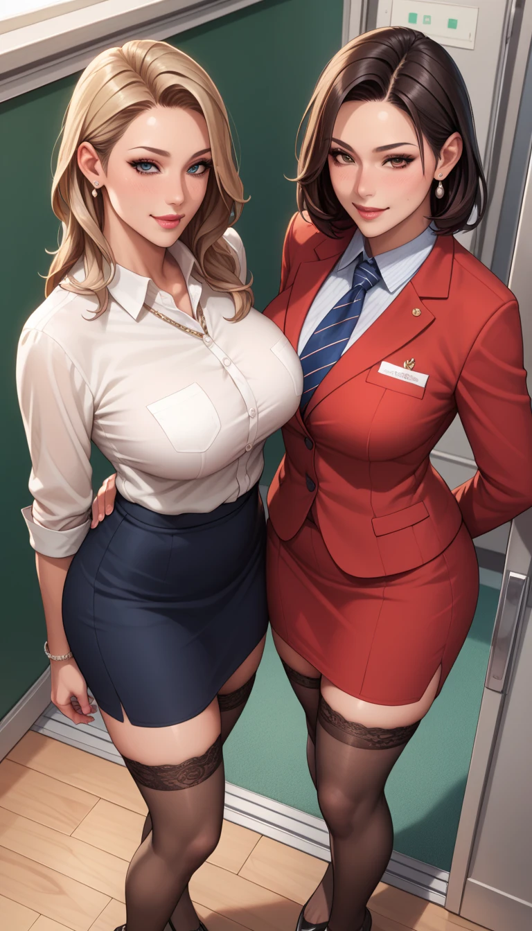 Sharona, wearing a navy office suit, white shirt, navy skirt,red lips,hairband, black tights, high quality,