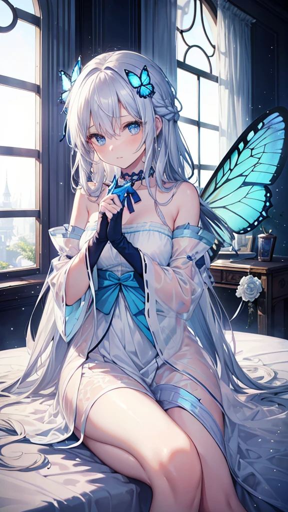 nsfw, (One fairy girl), Fairy Wings:3, Show your back:2, Girl sitting backwards on lap:4, Inserting the penis into the vagina:3, Boy touching breasts, Fantasy World, Bedroom, Boy sitting on bed:2, closed eyes, excited, anime style, (pov), UHD, retina, masterpiece, accurate, anatomically correct, super detail, best quality, highres, 4K