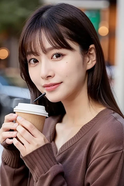 (masterpiece, best quality, perfect anatomy,  highres icon, 8k, realistic, photorealistic, natural skin texture, no makeup:1.2), ( drinking cafe latte in a winter Starbucks store), ((A freshly drunk cafe latte is placed on the table )), Her age is 20, ( Very Cute ), ( very big breasts and perfect style ), (I'm wearing winter monotone clothes),  flared miniskirt, looking at viewer, front shot, sunlight, erogao , jp idol, tanukigao, (long shot:1.5)