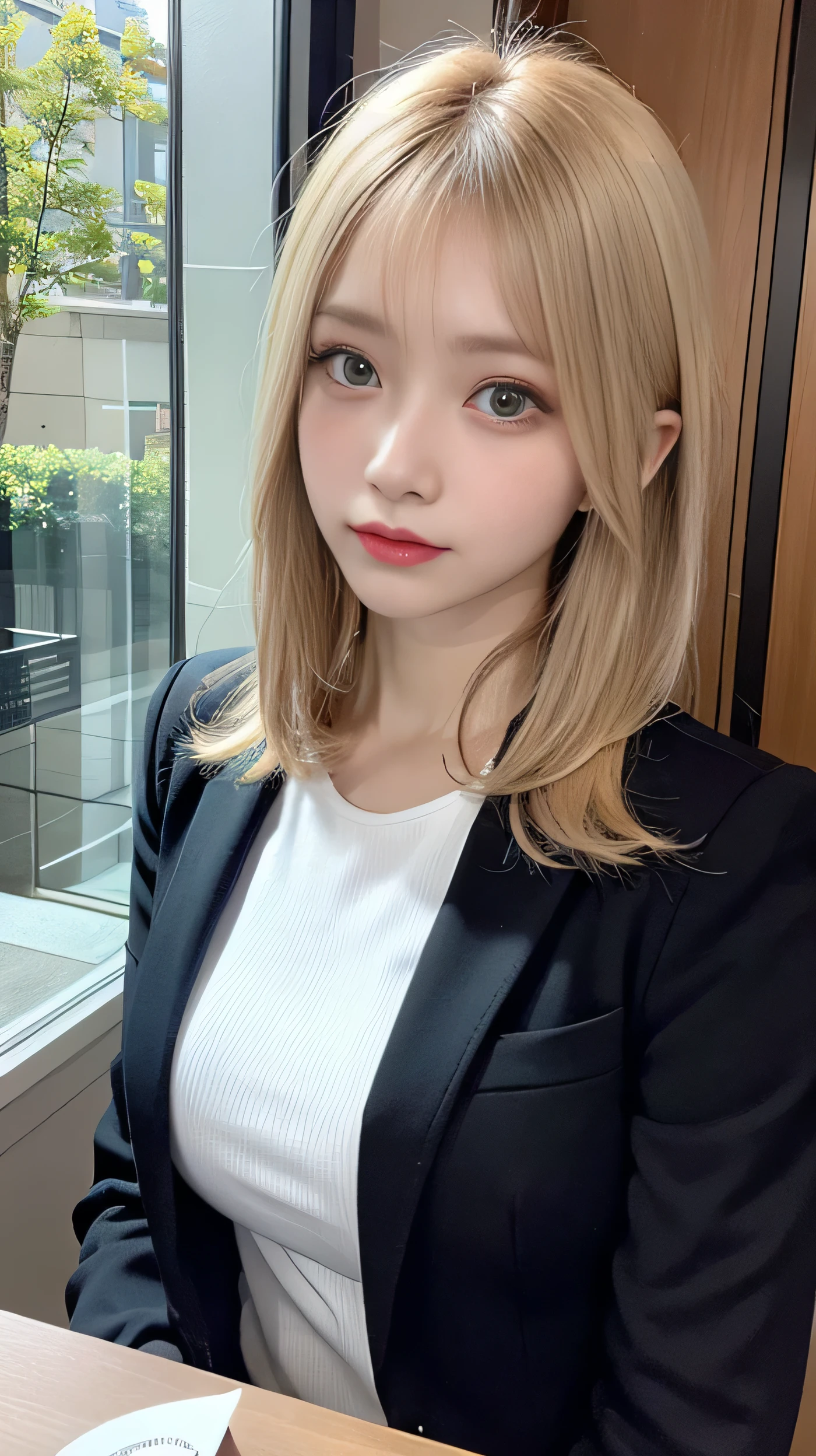 ( table top in front of you:1.3), high definition , Ultra Details , Highly Detailed CG Unity 8K Wallpaper , realistic , Photographically, RAW photo, beautifully detailed face, 青 white skin, realistic glowing skin, detailed cloth texture, Hair texture details, perfect body, beautiful face, Accurate, anatomically correct, High Definition Face and Skin Textures, natural neck length with a cross-shaped iris, ( beautiful hands), ( white skin:1.2), Thin legs, Thin legs, break,erect nipple:1,2,hard nipple:1.2,big nipple:1.2, layered bob hairstyle, ( blonde alone、Pink inside), forest setting , Glowing purple eyes, Masterpiece , top quality ,( realistic : 1.4),超 high definition , Unity 8K, (delicate beautiful eyes:1.6),Symmetric, very detailed face, Complete,Night view outside、 ( perfect hands, perfect anatomy ), (Night hotel room background:1.3), (( white shirt and tight business suit 1.3)),