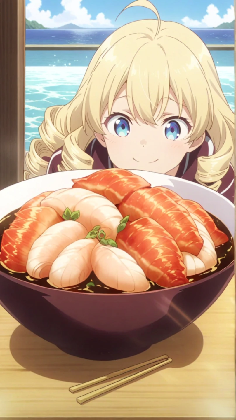 a girl, blonde, long hair, drill hair, ahoge, blue eyes, slant eyes, narrow eyes, hopeful, grinning, maroon sportswear long pants, maroon sportswear, Black platform boots, Woman behind the table, upper body, Eat a seafood bowl with chopsticks, Seafood dishes on the table, Tropical Terrace, in the afternoon, ocean background, anime, illustration, masterpiece, best quality, detailed, fast shutter speed, 2d anime, best hands, best hand