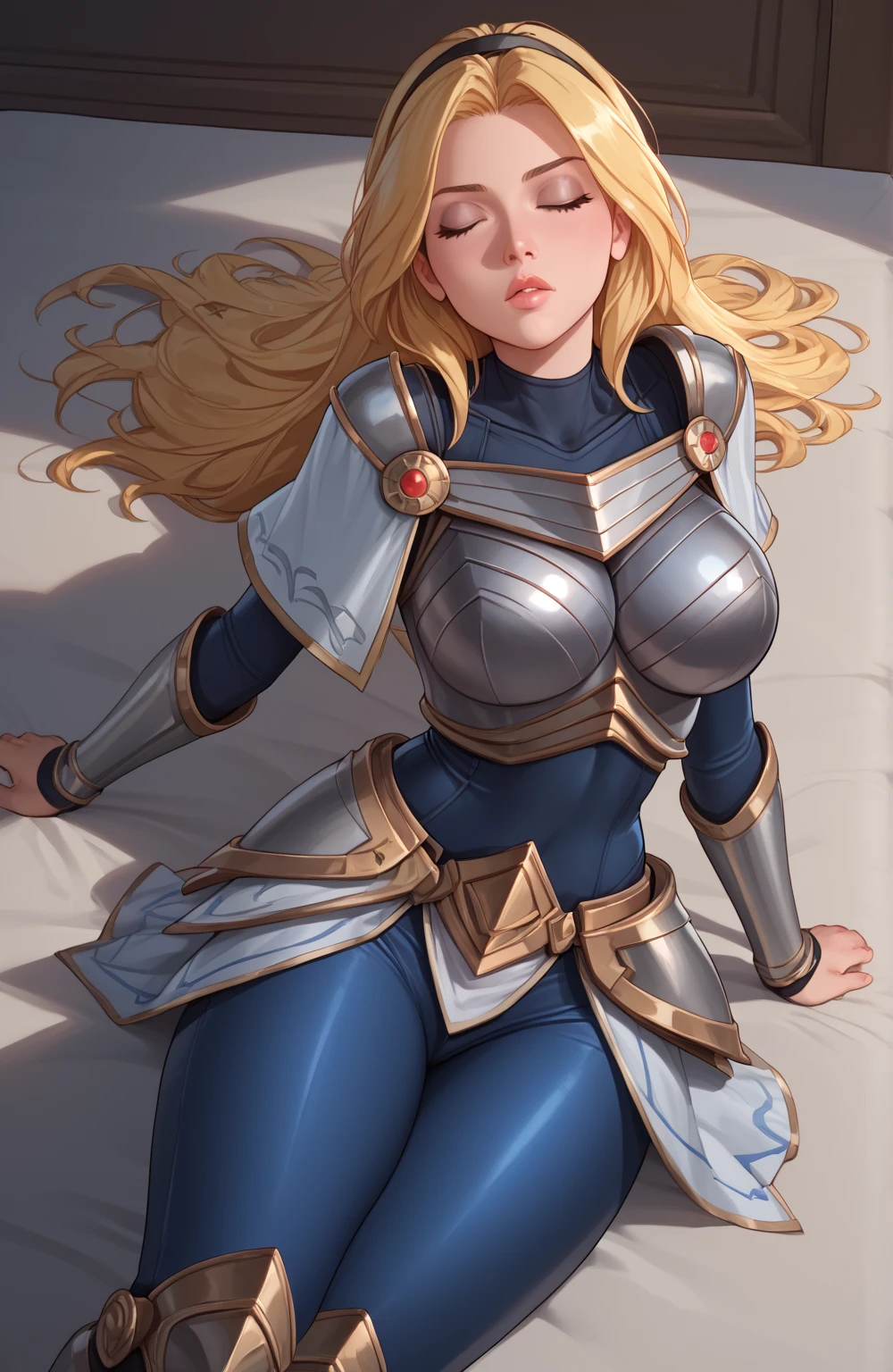 score_9, score_8_up, score_7_up, score_6_up, score_5_up, score_4_up, LuxLoLXL, blue eyes, blonde hair, long hair, black hairband, big breasts, collarbone, shoulder armor, armor, blue bodysuit, breastplate, long sleeves, faulds, skirt, blue pants, armored boots, ((((big breasts)))), alone, full body, knee high boots ,eyes closed, fainted, blows in the face, lying down, looking to the side, head to the side,tied,profile face, full body