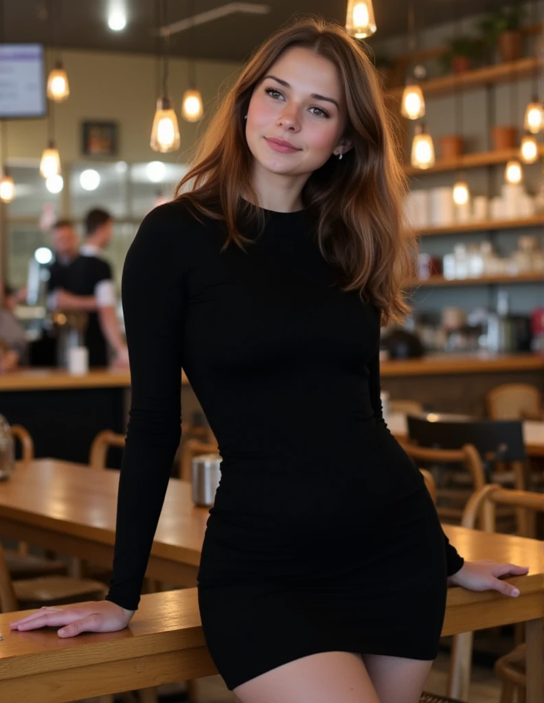 The image is a high-resolution photograph of a young woman  likely in her mid-20s, fresh-faced look with minimal  natural makeup look with a hint of pink lipstick. Wearing  dark black form-fitting, mini dress with long sleeves that accentuates her curves.  Standing in a cafe