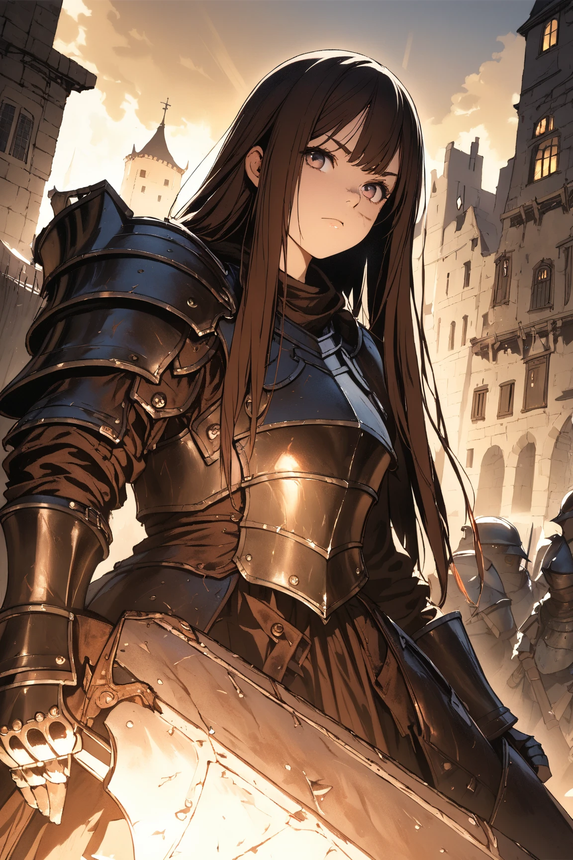 1 girl, (charming face), 18 years old, (long straight hair), (serious gaze), small breasts, petite frame, (wearing leather armor), (dark brown), thigh high, (battle scars), BREAK  
Medieval town square, (standing ready for battle:1.2), (shield raised:1.2), bustling market scene, BREAK  
(dramatic shadows, warm light, high contrast), gritty realism, fantasy art style, game cg, BREAK  
absurdres, highres, ultra detailed, beautiful, masterpiece, best quality,
