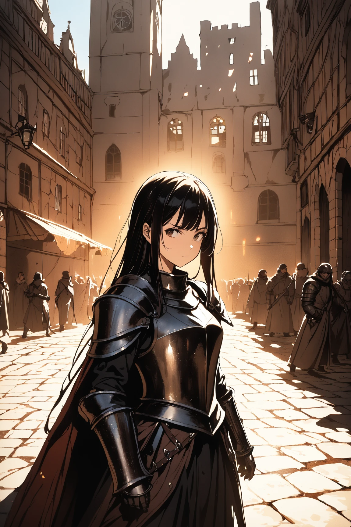 1 girl, (charming face), 18 years old, (long straight hair), (serious gaze), small breasts, petite frame, (wearing leather armor), (dark brown), thigh high, (battle scars), BREAK  
Medieval town square, (standing ready for battle:1.2), (shield raised:1.2), bustling market scene, BREAK  
(dramatic shadows, warm light, high contrast), gritty realism, fantasy art style, game cg, BREAK  
absurdres, highres, ultra detailed, beautiful, masterpiece, best quality,
