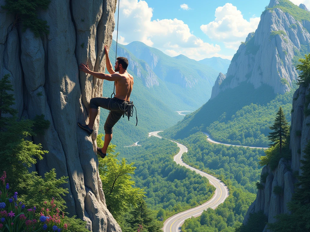 A man rock climbing in mountain, near highway , greenary trees flowers
