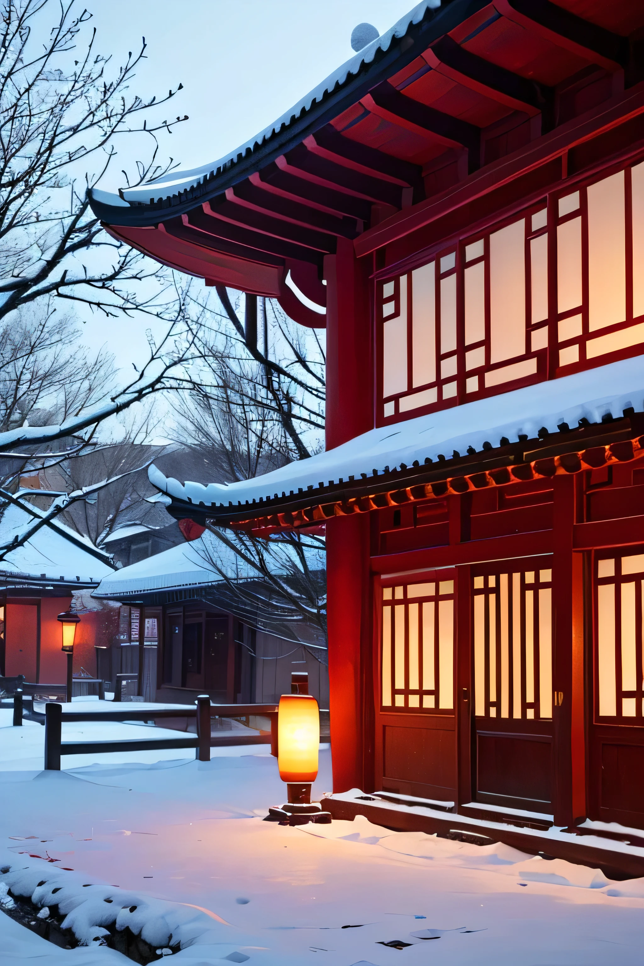 a glass globe in which a Chinese house and a tree are covered by snow