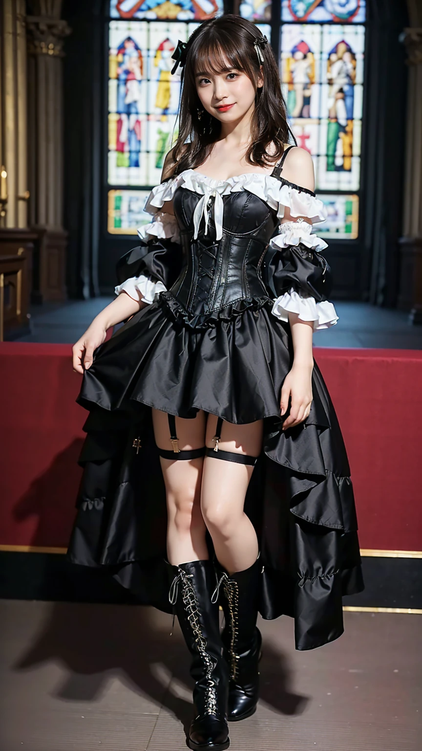 raw photo, 8k, (top-quality), Realistic, (real picture, Intricate details), (natural skin texture, detailed skin, hyper realism, sharpness), (((flat chest:1.5))), ((corset dress with black and purple, gothic decorative corset)), (pale skin:1.3, slender body), (Japanese girl standing in luxury hotel at night, Suite Room), ((light blonde straight hair, blunt bangs)), (provocative look, Parted lips:1.3, eye shadow, eyeliner, eye bag:1.3, red lips), thighs, night time, big window, night view, spot lighting:1.3